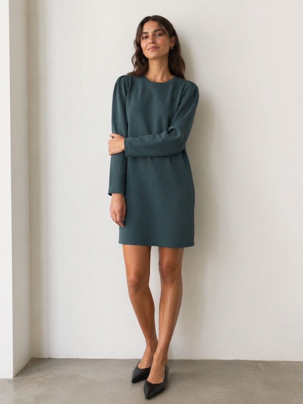 Aritzia Wilfred Teal Shift Mini Dress Long Sleeve Minimalist Chic